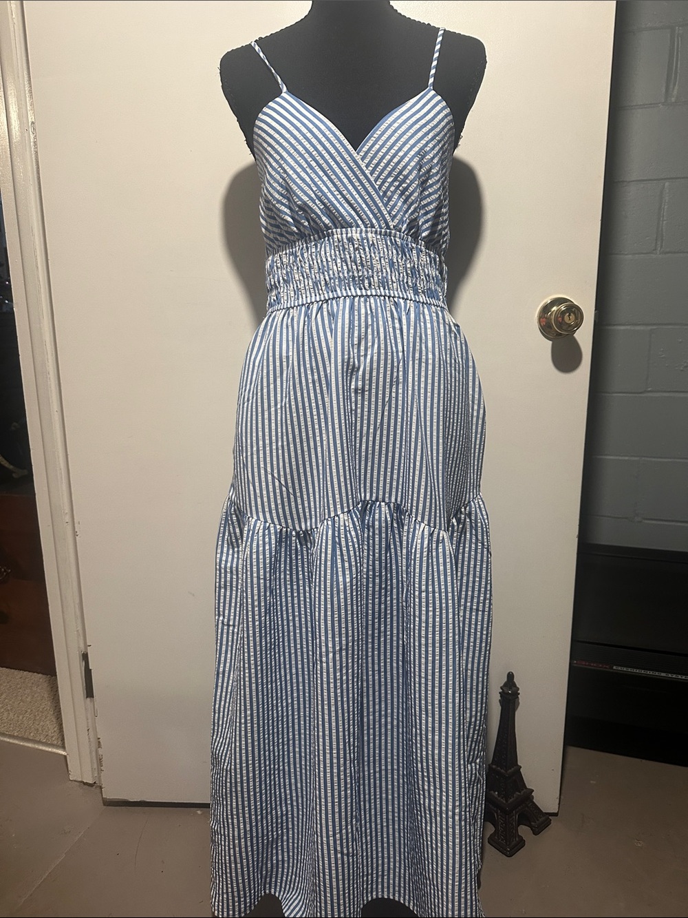 Monteau Blue and White Striped Smocked-Waist Maxi Dress